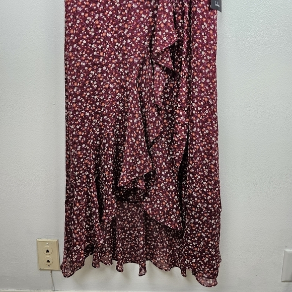 Lulu's Good Moments Burgundy Floral Print Split Sleeve Faux-Wrap Dress NWT - Picture 14 of 16